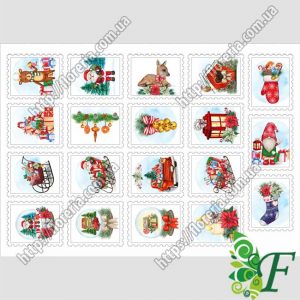 Стикеры наклейки 19 шт. на листе Фигурные Новогодние марки