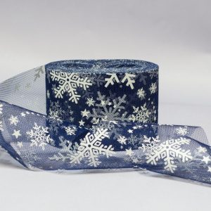 Лента декоративная Белые снежинки синий темный